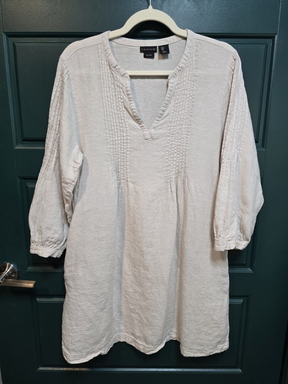 100% Linen Tunic Top Large Beige 3/4 Sleeve Split Neck Lagenlook